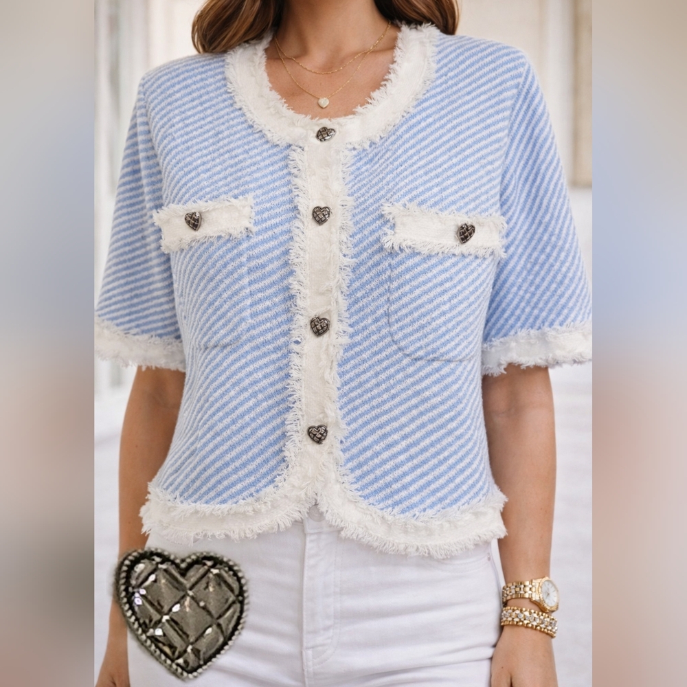 Urban Revivo Light Blue Cropped Cardigan Heart Buttons Fringe Trim